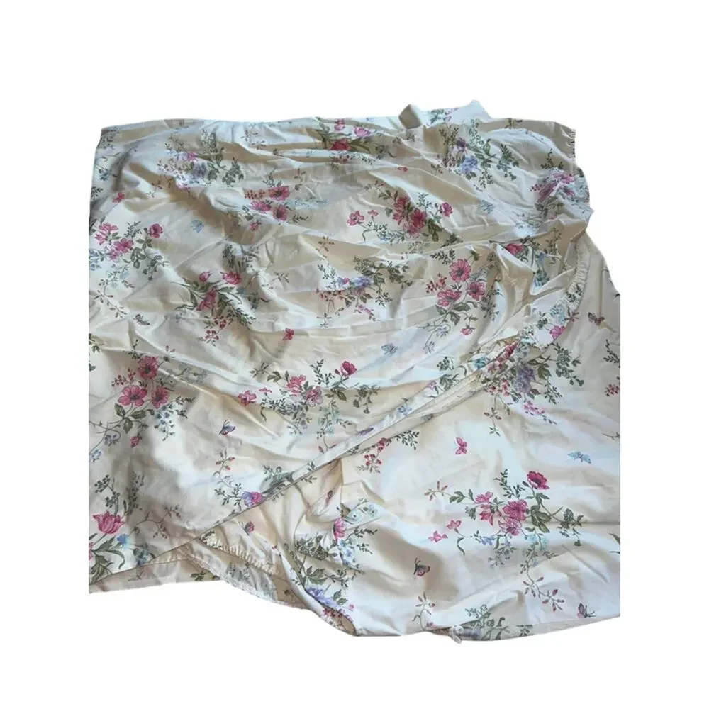 Vtg Cannon Cottagecore twin Sheet Set Garden Country Rose Floral White Pink